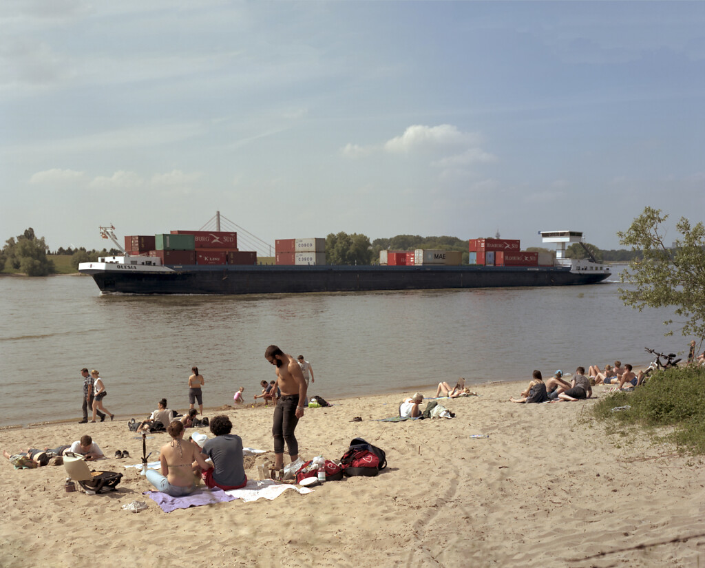 Cargo ship at the Rhine meanders in Himmelgeist